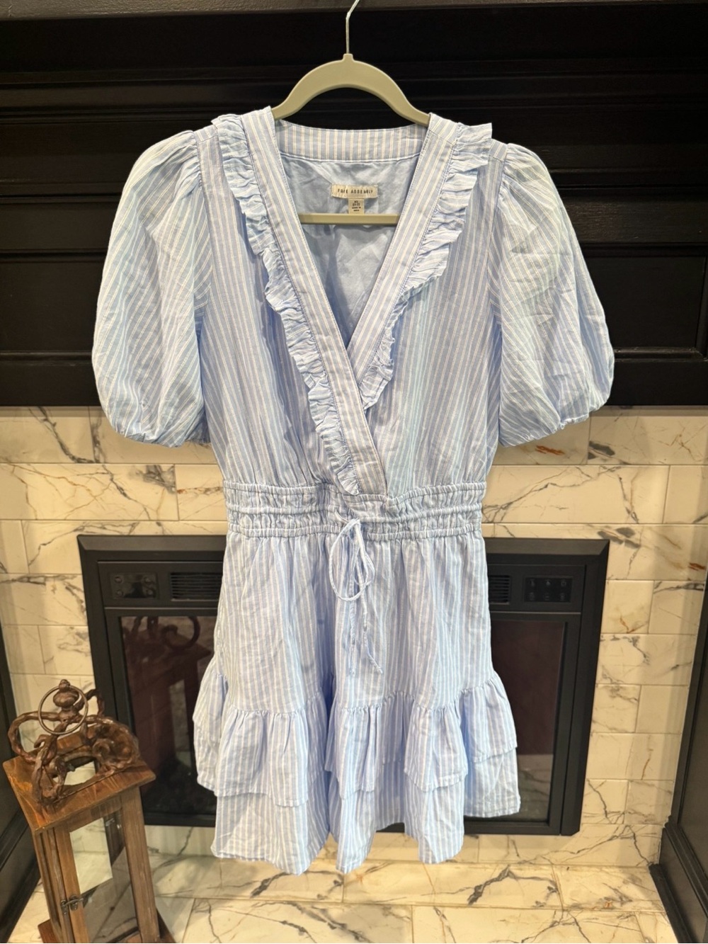 Adelyn Rae Light Blue & White Striped Ruffle Wrap Mini Dress